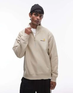 Carhartt WIP Half Zip American Script Sweatshirt In Beige For Men Grey
